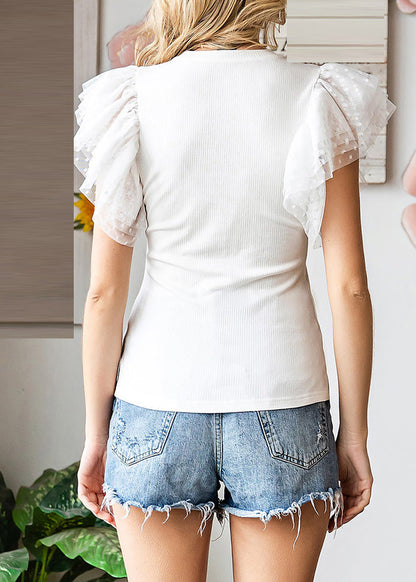 White Top Knit Solid Flare Sleeve O-Neck