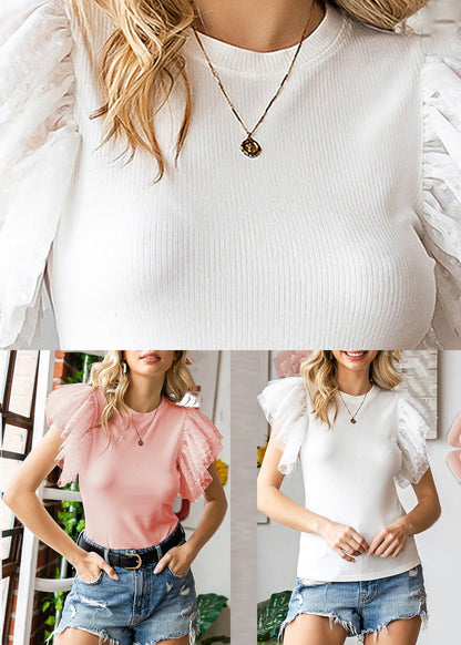 White Top Knit Solid Flare Sleeve O-Neck