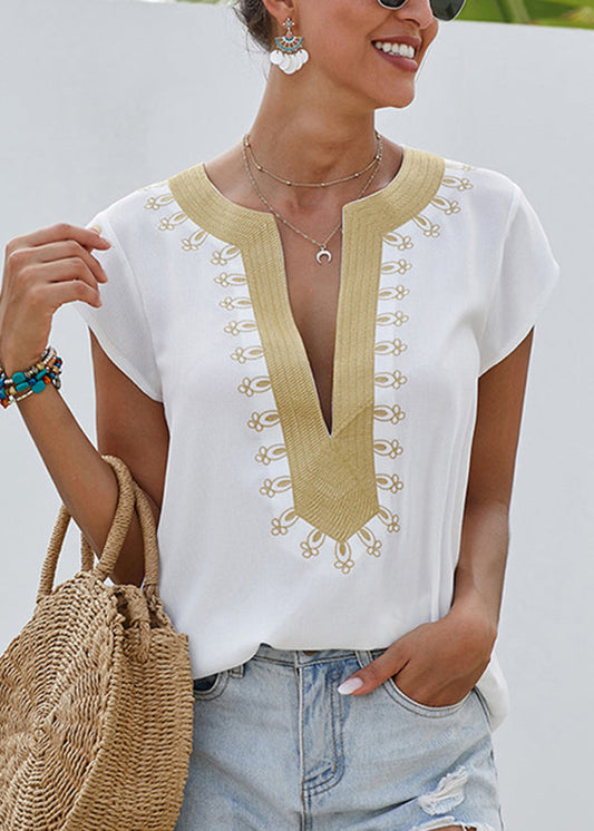 Short Sleeve Print Tops Solid White