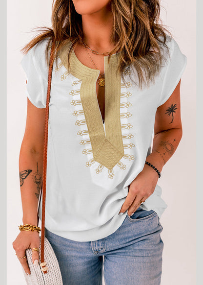 Short Sleeve Print Tops Solid White