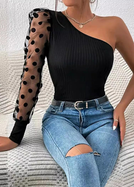 Wholesale SampleWomen 2025 Black Shoulder Single Sleeved Patchwork Top