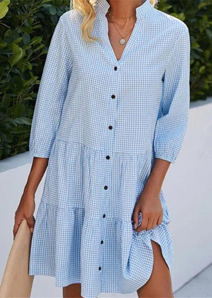 Dress Fall Plaid Mid Shirts Stand Collar Women Button Blue
