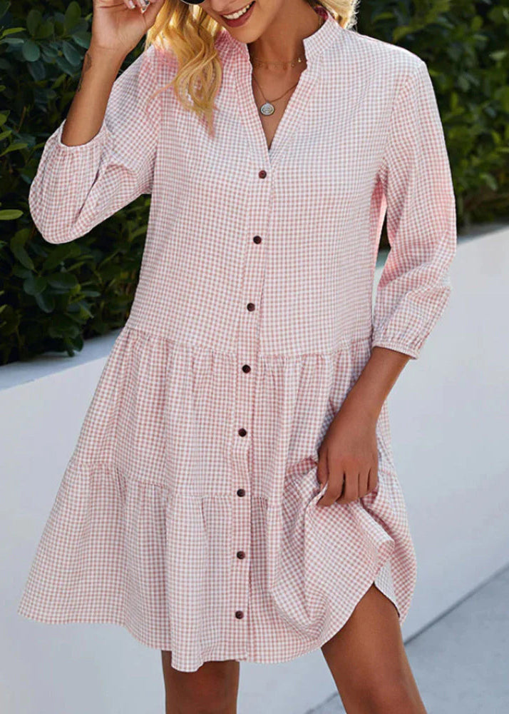 Dress Fall Plaid Mid Shirts Stand Collar Women Button Blue