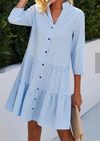 Dress Fall Plaid Mid Shirts Stand Collar Women Button Blue