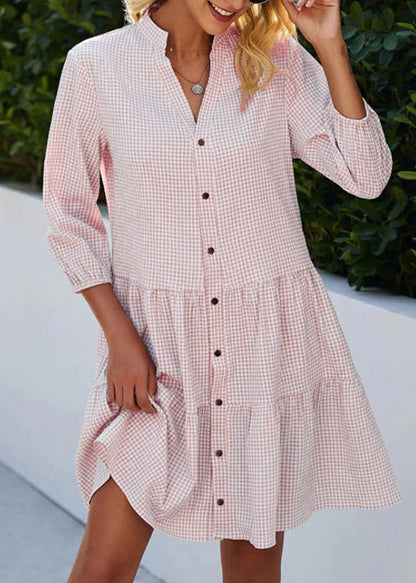 Dress Fall Plaid Mid Shirts Stand Collar Women Button Blue