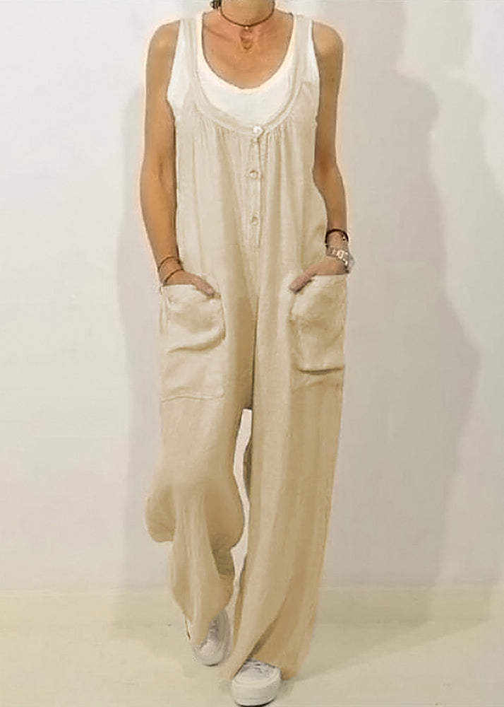 SampleWomen Khaki O-Neck Button Solid Jumpsuits Sleeveless