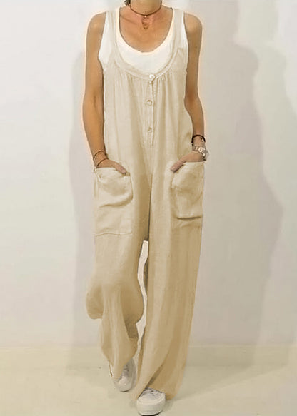 SampleWomen Khaki O-Neck Button Solid Jumpsuits Sleeveless