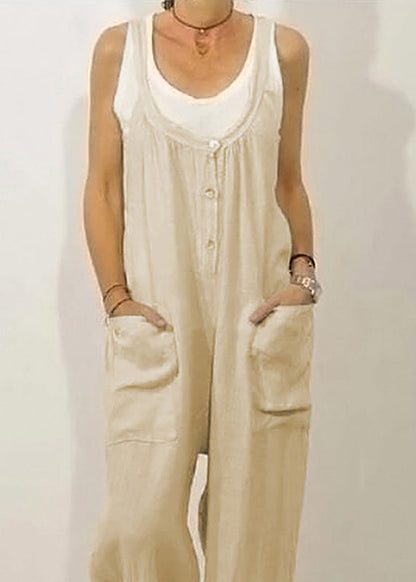 SampleWomen Khaki O-Neck Button Solid Jumpsuits Sleeveless