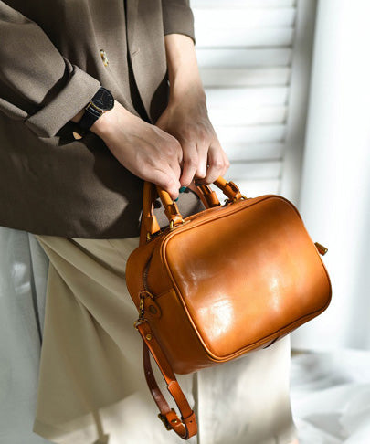 Women Large Doctor Orange Leather Capacity Bag