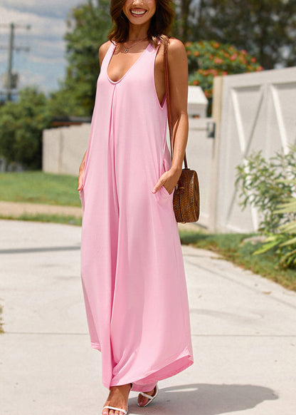 Women Neck Solid Jumpsuit Summer Pink U