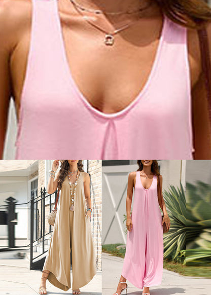 Women Neck Solid Jumpsuit Summer Pink U
