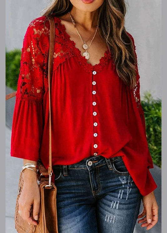 Fall Patchwork Lace Top Women Solid Red