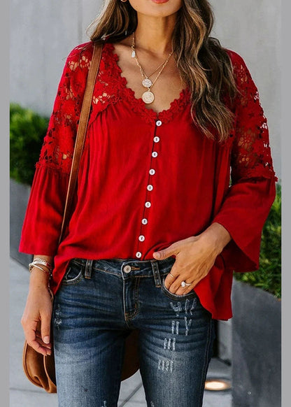 Fall Patchwork Lace Top Women Solid Red