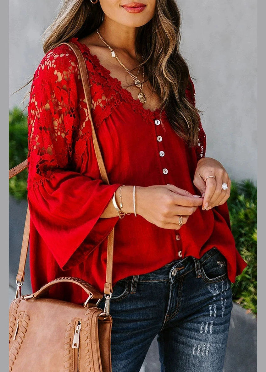 Fall Patchwork Lace Top Women Solid Red