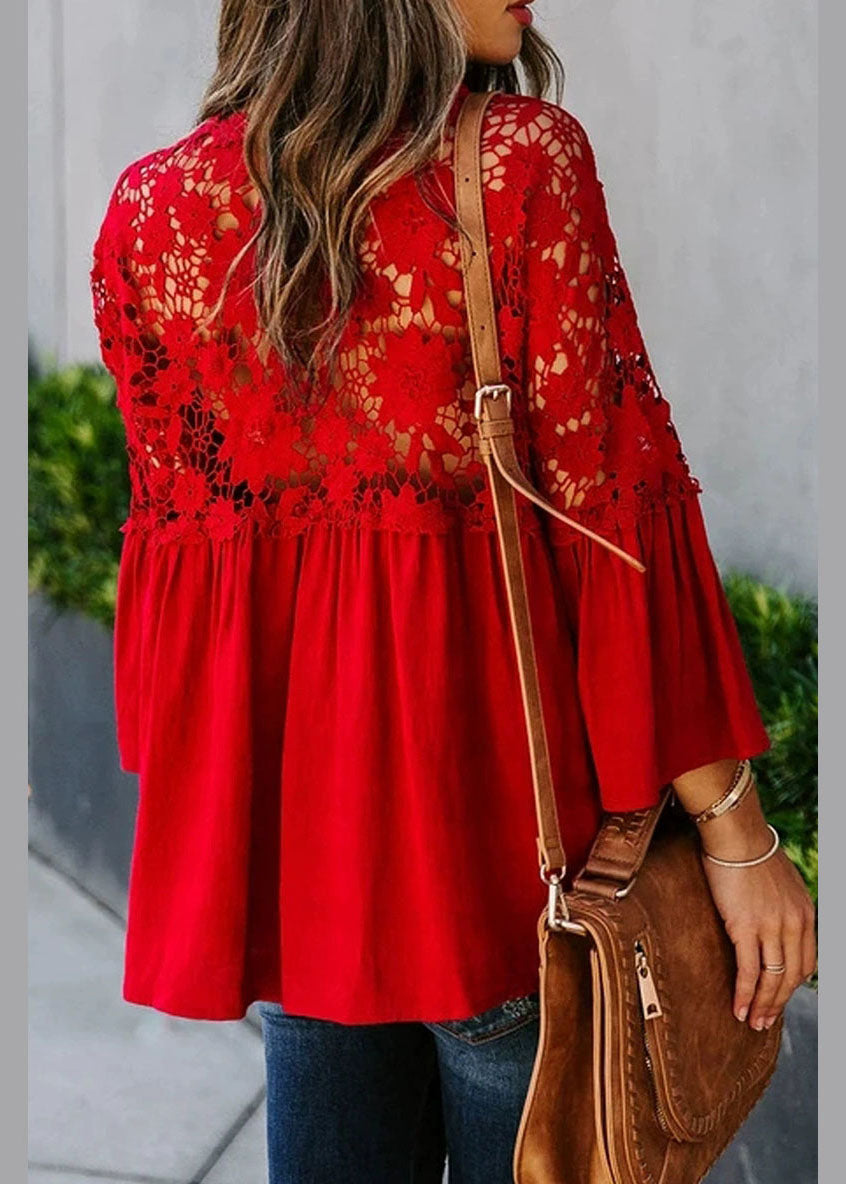 Fall Patchwork Lace Top Women Solid Red
