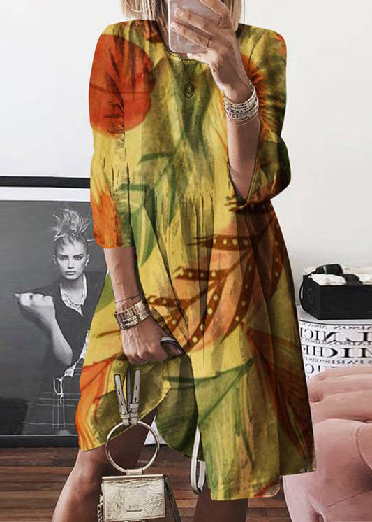 Wholesale SampleWomen Yellow O Neck Print Cotton Mid Dress Summer