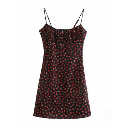 Sleeveless Rose Print Slim-Fit Mini Dress / Spaghetti Strap Floral Print Midi Dress