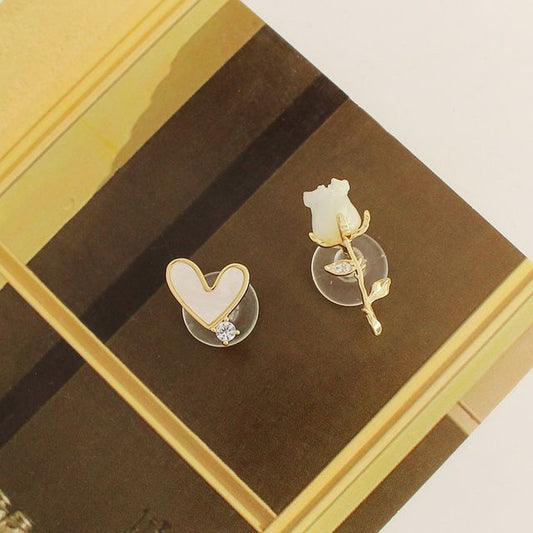 Earring Flower Heart Asymmetrical Alloy Shell