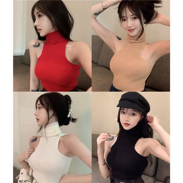 Plain Turtleneck Sleeveless Top