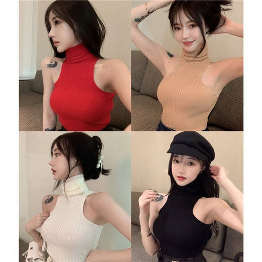Plain Turtleneck Sleeveless Top