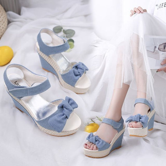 Denim Platform Wedge-Heel Sandals