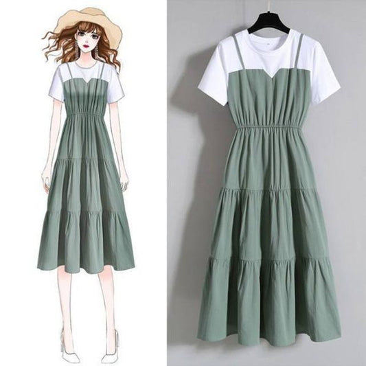 Dress Two-Piece Short-Sleeve Neck Midi A-Line Round Mock