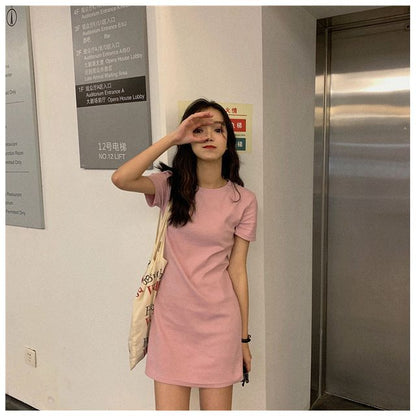 T-Shirt Short-Sleeve Mini Plain Neck Dress Round