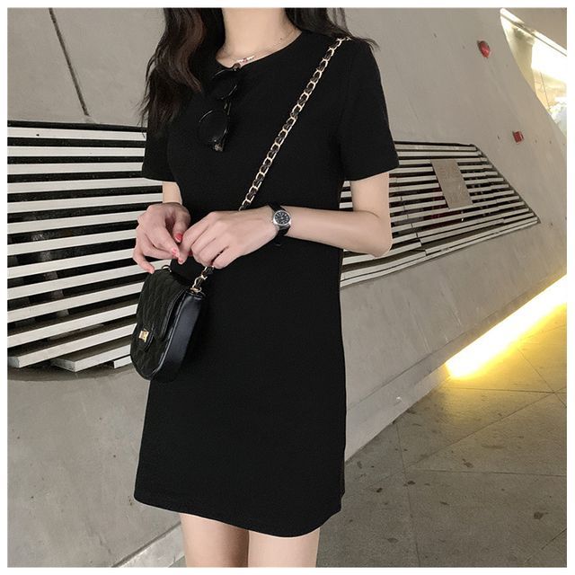 T-Shirt Short-Sleeve Mini Plain Neck Dress Round