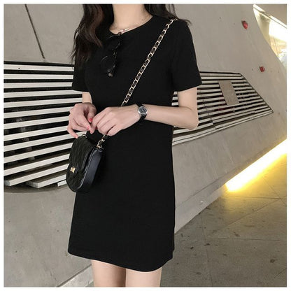 T-Shirt Short-Sleeve Mini Plain Neck Dress Round