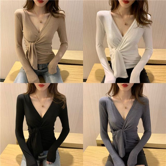 Knot Long-Sleeve V-Neck Plain Slim-Fit Top