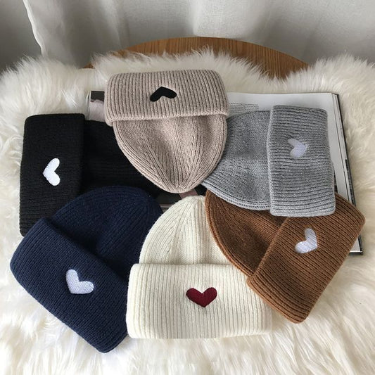 Embroidered Knit Beanie Heart