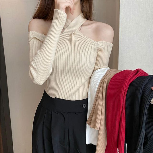 Cold-Shoulder Top Halter Plain Knit Long-Sleeve