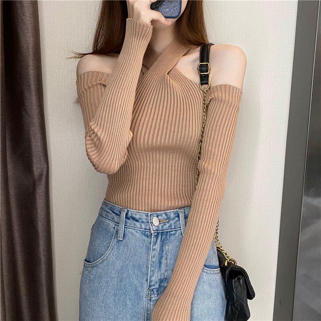 Cold-Shoulder Top Halter Plain Knit Long-Sleeve