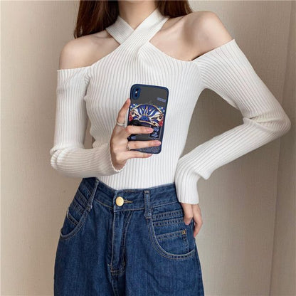 Cold-Shoulder Top Halter Plain Knit Long-Sleeve