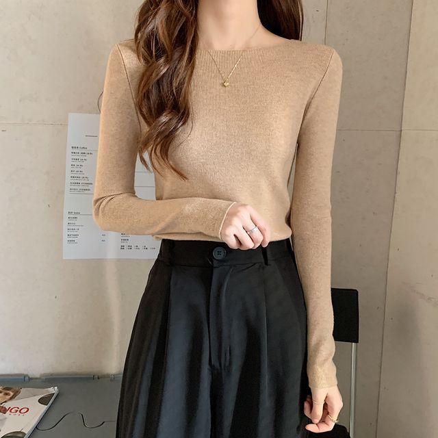 Top Slim-Fit Plain Long-Sleeve Knit