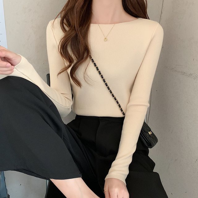 Top Slim-Fit Plain Long-Sleeve Knit