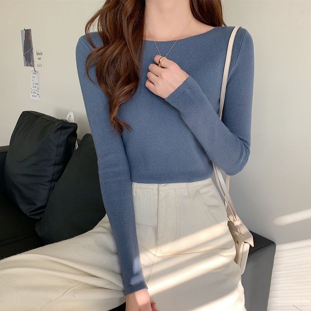 Top Slim-Fit Plain Long-Sleeve Knit