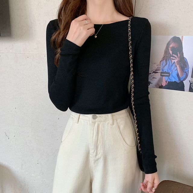Top Slim-Fit Plain Long-Sleeve Knit