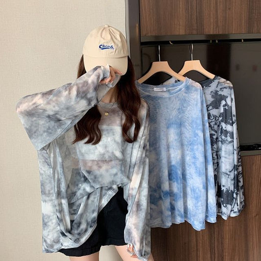 Oversized Neck Crew Dye Tee Tie Mesh Long-Sleeve