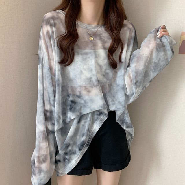 Oversized Neck Crew Dye Tee Tie Mesh Long-Sleeve