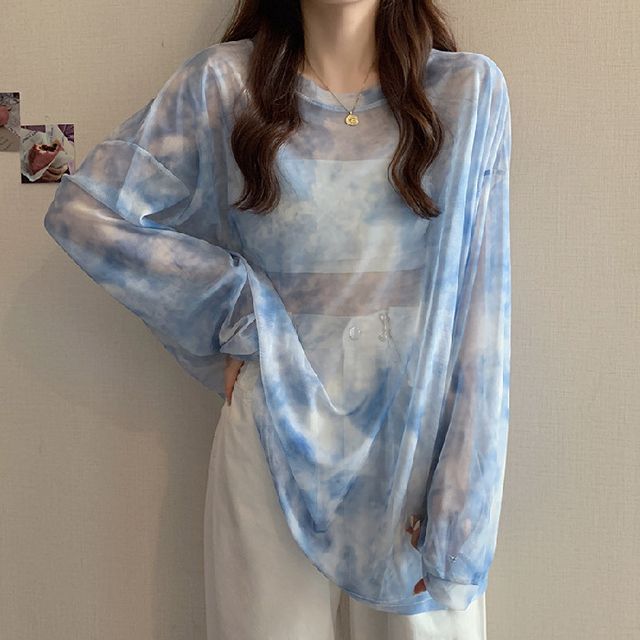 Oversized Neck Crew Dye Tee Tie Mesh Long-Sleeve