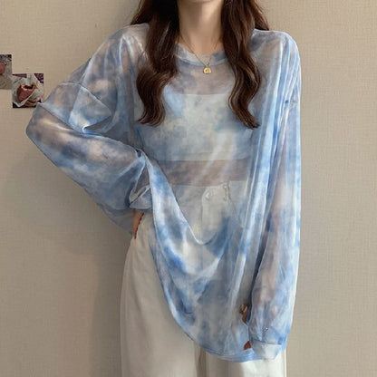 Oversized Neck Crew Dye Tee Tie Mesh Long-Sleeve