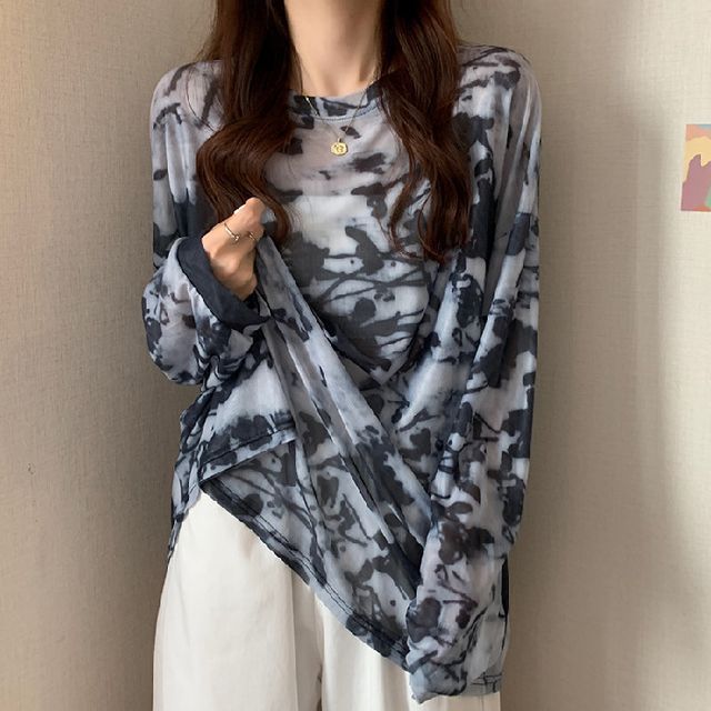 Oversized Neck Crew Dye Tee Tie Mesh Long-Sleeve