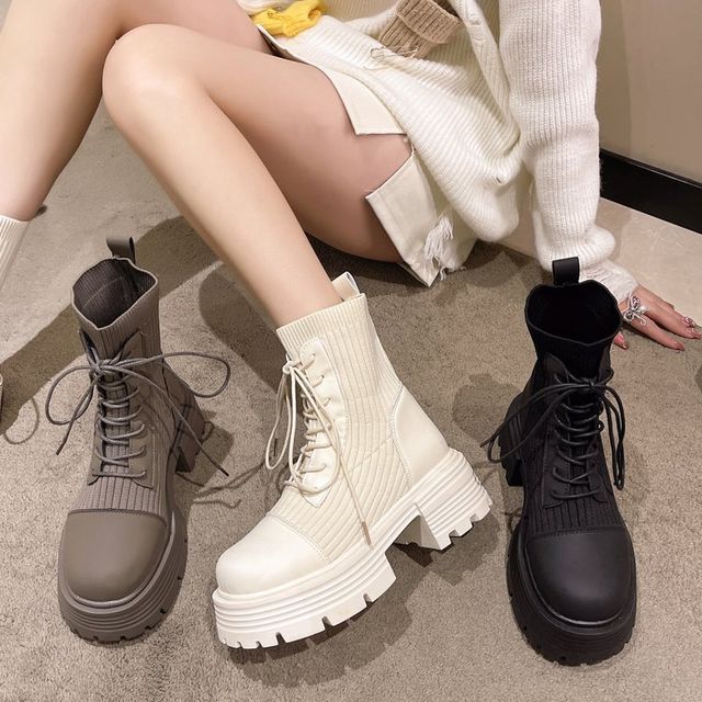 Leather Platform Faux Short Boots Lace-Up Panel Knit