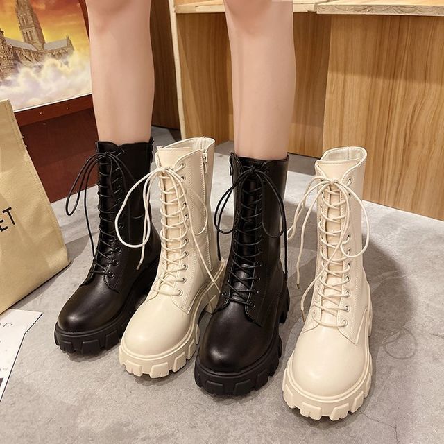 Platform Short Boots Faux Lace-Up Leather