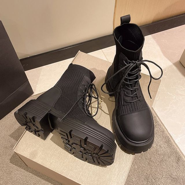 Leather Platform Faux Short Boots Lace-Up Panel Knit