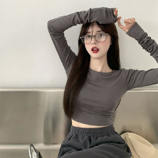 Crop Tee Round Long-Sleeve Fit Neck Plain Slim