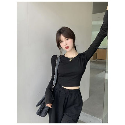 Crop Tee Round Long-Sleeve Fit Neck Plain Slim