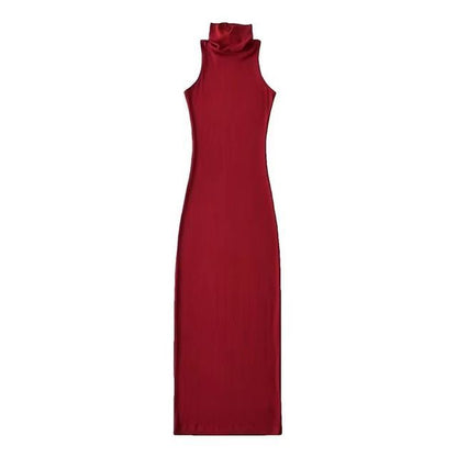 Sleeveless Turtleneck Plain Slim-Fit Dress