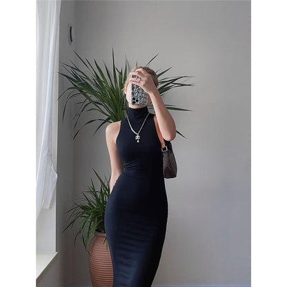 Sleeveless Turtleneck Plain Slim-Fit Dress